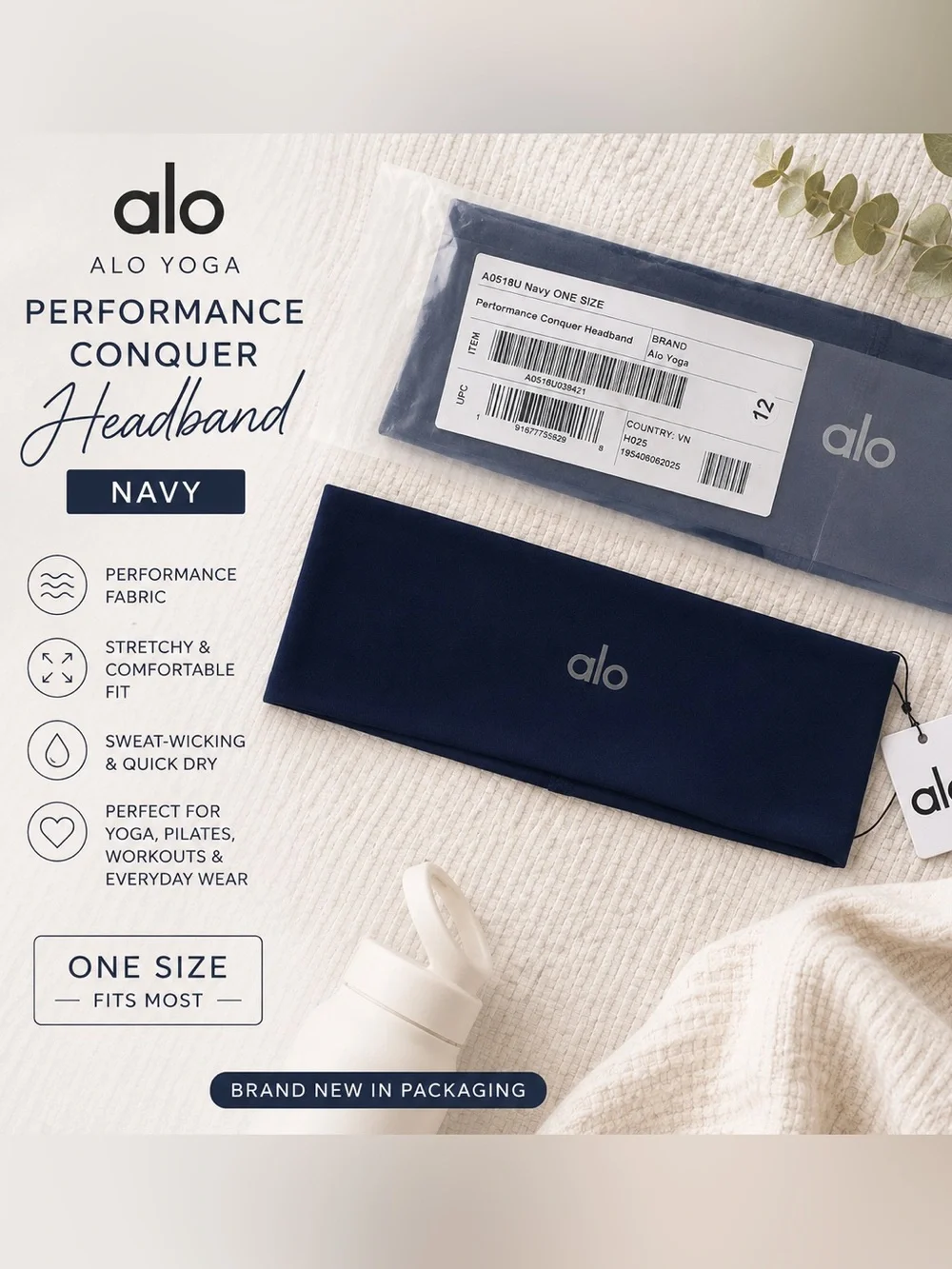 ALO Yoga Navy Performance Conquer Headband NWT One Size